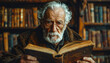 © Hamdan - A wise elderly man with a long white beard and glasses deeply focused on reading an old book in a serene library, symbolizing contemplation and a lifetime of knowledge