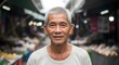 © Se - Smiling elderly Asian man in a vibrant outdoor market, his weathered face reflecting wisdom and warmth, a captivating portrait of community life and authentic human presence
