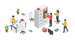 © Abu - Busy isometric office environment showing professional employees collaborating while organizing colorful document binders in a tall white cabinet and working on computers.
