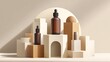 © Selalu - Cosmetic product bottles displayed on geometric platforms studio setup