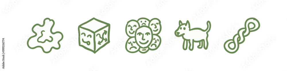 Hand-drawn abstract and animal icons: blob, cube, faces, dog, knot ...