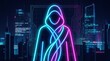 © Trail - Neon hooded figure outlined in glowing blue and pink, set against futuristic cyberpunk cityscape with skyscrapers and circuit-like patterns, symbolizing digital identity and guardianship.