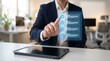 © CuteBee - Professional businessman interacting with holographic checklist displaying completed tasks for project management and efficient workflow optimization in modern corporate office environment