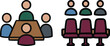 © Pixloft - Set of hand-drawn vector icons featuring a professional business meeting around a table and a group of audience members sitting in theater chairs for a seminar or conference.
