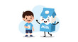 © Farhan - Cheerful young boy holding a glass of fresh milk standing next to a happy personified milk carton mascot character.