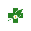 © Resti-Jun - Green plus sign design with daisy and leaf in white and yellow colors on a white background