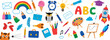 © Dalim 4 - Education felt pen hand drawn vector illustrations set of child drawings and doodles, playful sketch-style elements featuring school items, symbols, and creative scribbles, ideal for kids’ learning