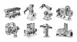 © Nayem - Industrial machinery and robotic arms illustrated in a technical blueprint style