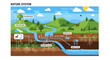 © Cetak - Nature system diagram showing photosynthesis water cycle and nutrient cycling in a lush landscape illustration with blue sky