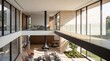 © Zishan - Contemporary house interior featuring a two-story fireplace and floor-to-ceiling windows