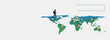 © Tatiana - Silhouette of a person walking across a world map with location pins for global travel concept and international connectivity on white background