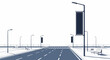 © adobe stock - A stylized blueprint-style illustration of a clean, modern urban street scene with banners and streetlights, representing city planning and infrastructure development