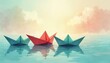 © Viktor - Three paper boats sail on calm blue water under a cloudy sky. One red boat leads two teal boats. Symbol of leadership, teamwork, and journey.