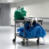 Medical Cleaning Cart With Green And Blue Trash Bags And Laundry In A Sterile Hospital Hallway Environment Under Bright Indoor Lighting