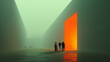 © Lustre Art Group  - Group of people entering glowing doorway in large futuristic architecture. Concept of digital installations, tech environments, collaborative exploration, and immersive future experience spaces.