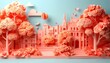 © endang - Peach 3d Paper Cut Cityscape Miniature Illustration With Floral Trees And European Buildings On Blue Background Diorama Art