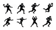 © Nazia - American football player silhouettes set, 8 black vector icons of athletes in action, professional football players running and catching ball