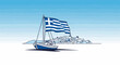 © Egi - Blue and white boat with flag flies before a white village under a bright sky