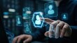 © Darya - Hand touching hexagon user icon on identity network interface. Digital identity verification concept.