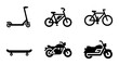 © Momena - Minimalist urban transport icons set, black silhouette bicycle and electric scooter vector, motorcycle and skateboard symbols for city mobility apps