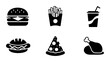 © Farzana - Fast food icon set with 6 black vector symbols, minimalist junk food illustrations of burger and pizza, restaurant menu graphic elements