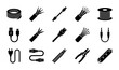 © Mostofa - Electrical cable and wire icon set, 15 black solid vector symbols for power supply and data connection, industrial wiring and networking hardware elements