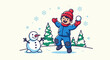 © taplak - A joyful child in winter attire, mid-snowball throw, beside a snowman and snowy trees