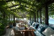 © ahmad - Outdoor restaurant dining area with glass roof and climbing vines, tables set for lunch in a tropical coastal setting overlooking the sea.