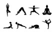 © Shariful - Yoga poses silhouette collection, 8 black female yoga icons set, pilates and fitness exercise postures, meditation and wellness vector graphics