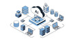 © Yahya - Isometric AI Cloud Computing Network with Data Servers and Laptops.