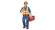 © Khadim - Professional construction worker carrying red toolbox, male contractor in safety vest and hard hat, handyman repairman character on white background