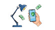 © adi - Desk lamp illuminating falling banknotes near a hand holding a smartphone with a security shield icon, concept of financial security and income generation
