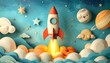© Qila - Whimsical Rocket Launch in a Dreamy Night Sky with Planets and Stars.