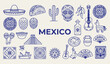 © Geetaroy - Mexico travel landmarks and cultural symbols, Mexican traditional food and taco icons, Day of the dead sugar skull graphics, Central America tourism vacation design elements, Mexico country line art s