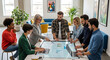 © Ighar - Diverse business professionals collaborating around an interactive smart table in a modern office environment, analyzing data and discussing project strategies.