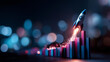 © Julia - 3D business growth bar chart with rocket launch in dark blue and violet tones conveying dynamic action and upward progress