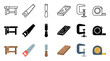 © Khmel - Various woodworking tools and equipment icons presented in a collection of outline, solid, and flat design styles for construction projects.