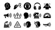 © Jannat - Noise pollution and hearing protection icons, 15 industrial sound safety vector elements, ear health and loud volume warning symbols