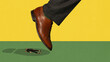 © master1305 - Giant shoe about to crush tiny businessman lying on ground. Concept of extreme stress, pressure and burnout, corporate pressure, domination and loss of control in business environment.