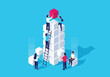 © Riyal - Teamwork concept with people building a tower of white cubes and placing a red block on top, isometric business illustration