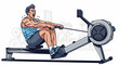 © tipik - A muscular man with sweat beads strains intensely while rowing vigorously on a gym machine, silhouetted equipment behind him
