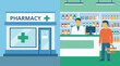 © GraphWorks - Pharmacy concept: exterior store view and interior with pharmacist, customer