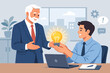© Majid - Senior Businessman Mentoring Young Employee by Sharing a Creative Idea and Solution. Manager Giving Glowing Lightbulb to Colleague in Office. Leadership, Coaching, and Innovation Concept Vector.