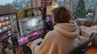 © Sakda - Young person gaming at a cozy multi-monitor setup beside a city window, creating a modern digital lifestyle scene with immersive entertainment, comfort, and urban ambiance.