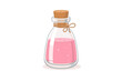 © Omar - Simple flat vector illustration of a glass bottle with a cork stopper and twine bow, filled with a pink liquid, cosmetic lotion, or magic potion, isolated on white for beauty and wellness.