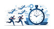 © Willian - Group of businessmen compete in a race against fast moving robots, symbolizing the challenge of automation and speed in the modern era.