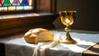 © HASSAN - Holy communion bread and wine on table symbolizing faith and tradition