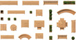 © Nasrin - Top View Wooden Outdoor Furniture Set Collection Including Benches Tables Planters and Seating Elements for Landscape Design