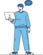 © CreativeWorldStudio - Business professional in casual blue attire standing with laptop, speech bubble above, digital communication concept, vector illustration artwork