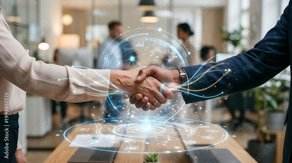 Business Partnership Handshake with Digital Network Overlay Technology ...